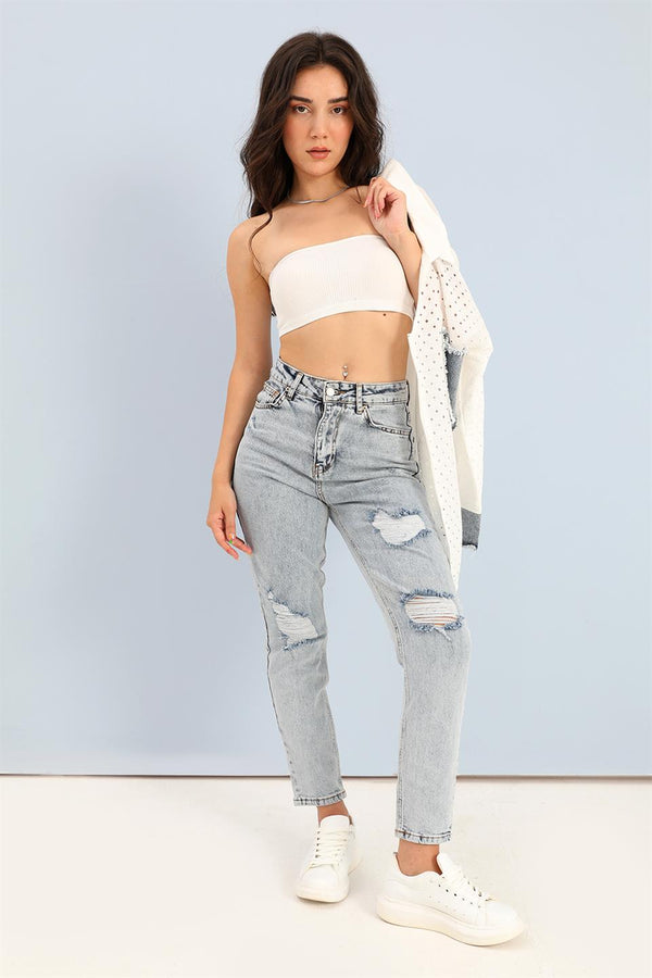 Women's High Waist Ripped Detail Jeans - ice Blue