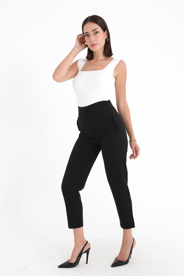 Women's High Waist Stretched Atlas Fabric Trousers - Black