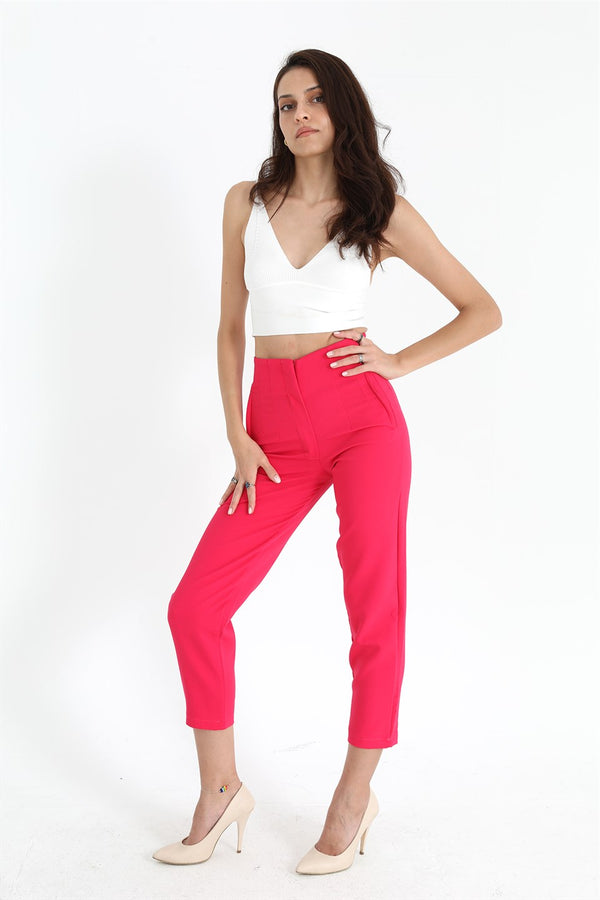 Women's High Waist Stretched Atlas Fabric Trousers - Fuchsia