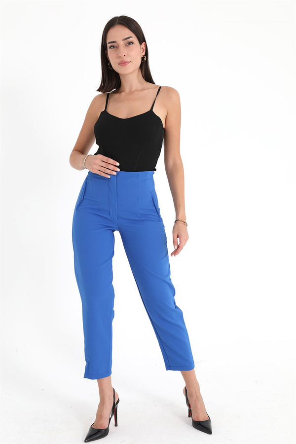 Women's High Waist Stretched Atlas Fabric Trousers - Sax Blue