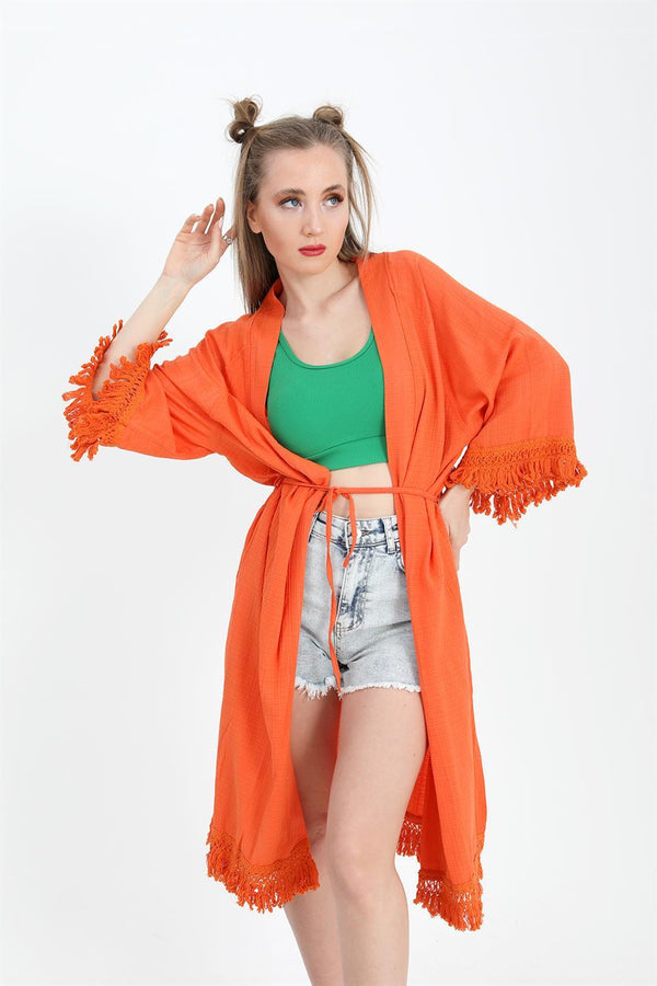 Women's Kimono Palm Printed Tassels - Orange