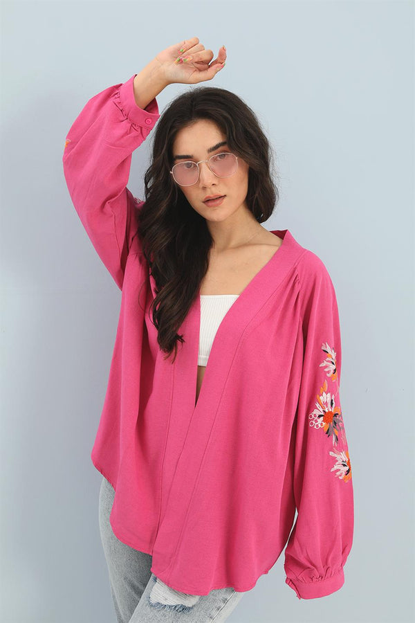 Women's Kimono Raglan Sleeve Embroidered Linen - Fuchsia