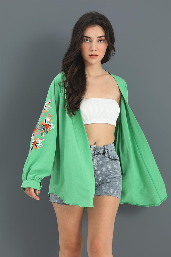 Women's Kimono Raglan Sleeve Embroidered Linen - Green