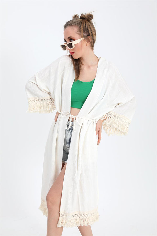 Women's Kimono With Palm Printed Tassels - Ecru