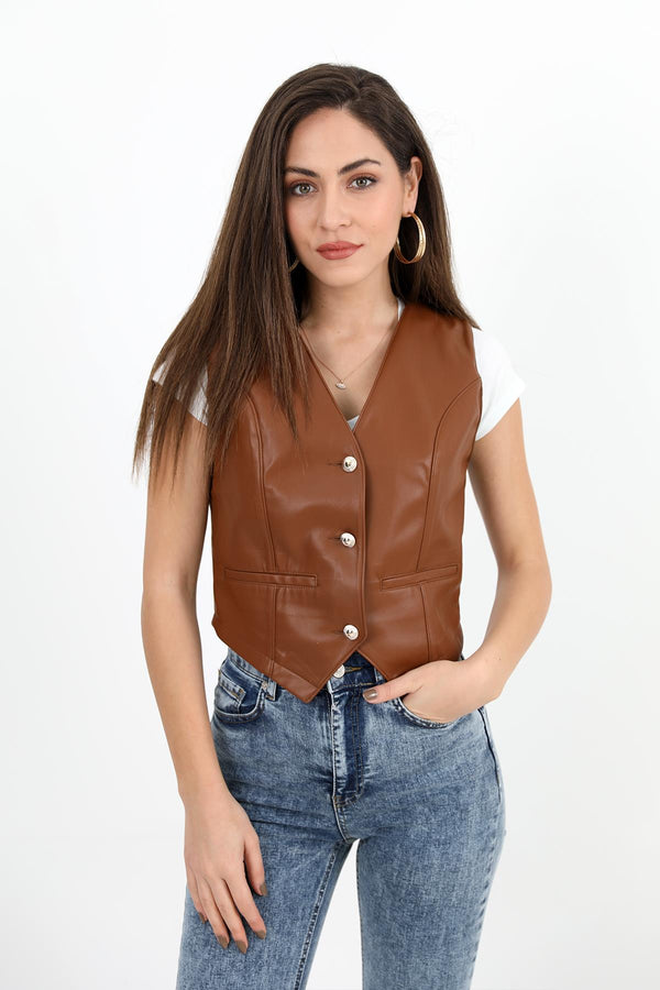 Women's Leather Vest With Flap Pocket