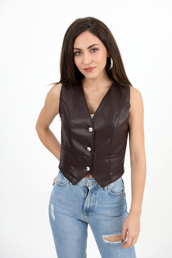 Women's Leather Vest With Flap Pocket