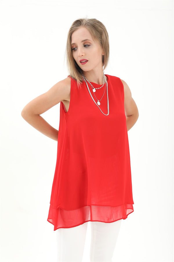 Women's Long Chiffon Sleeveless Blouse - Red