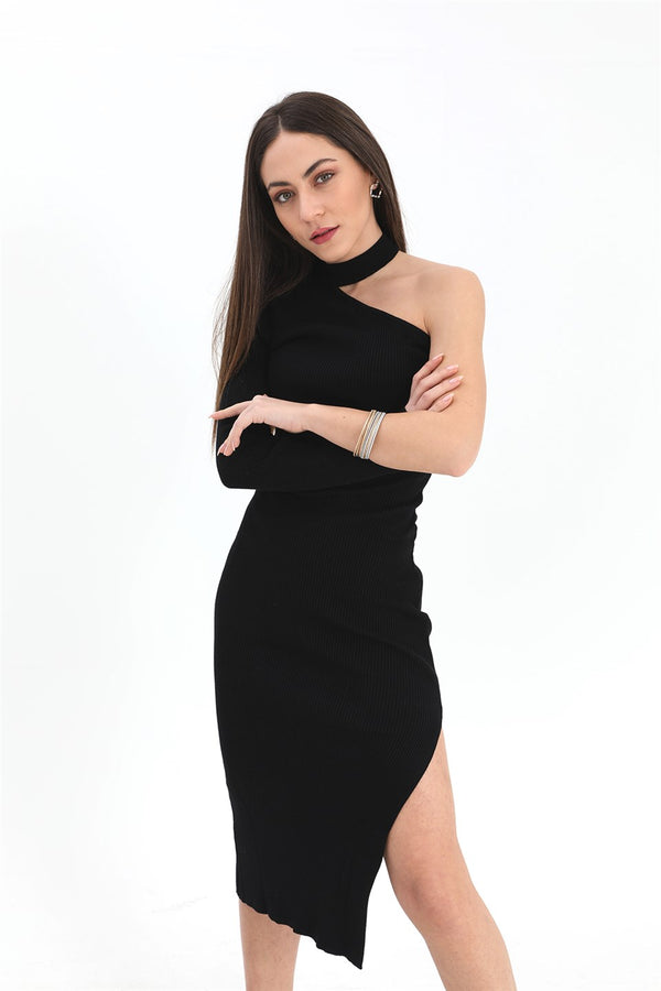 Women's One-Shoulder Sweater Dress - Black