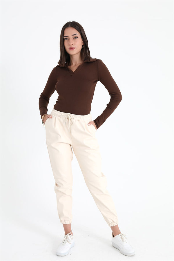 Women's Pleated Leather Pants With Elastic Waist And Legs - Ecru