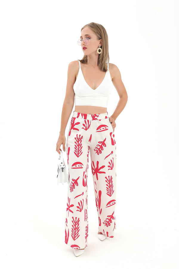 Women's Printed Linen Wide Leg Pants - Fuchsia