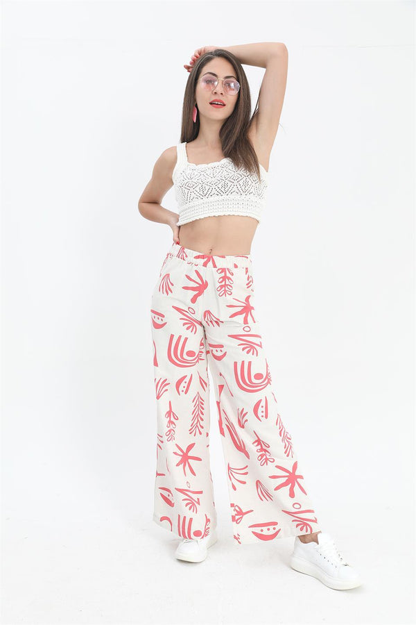 Women's Printed Linen Wide Leg Pants - Powder