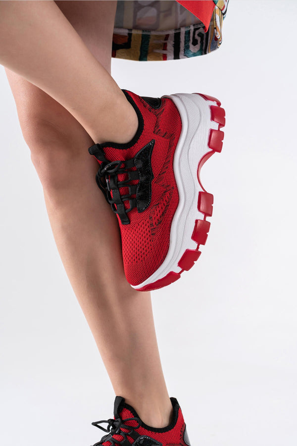 Women's Red Knitwear Lace-Up Sports Shoes