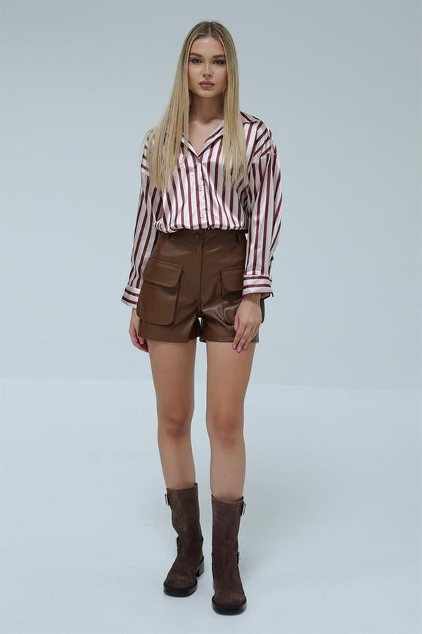 Women's Satin Striped Shirt Brown