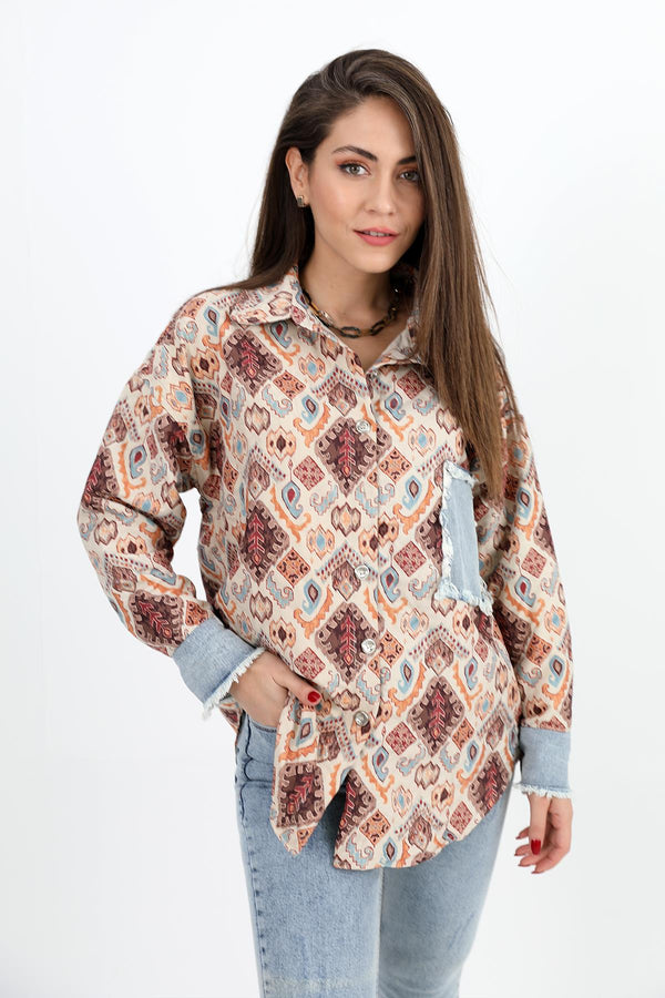 Women's Shirt Denim Garnish Printed Jacquard Quilted - Cinnamon