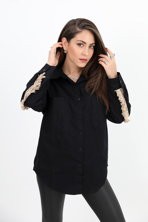 Women's Shirt Gabardine Embroidered On The Back With Tassels - Black