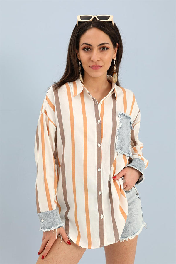 Women's Shirt Linen Garnish Striped Jeans - Orange