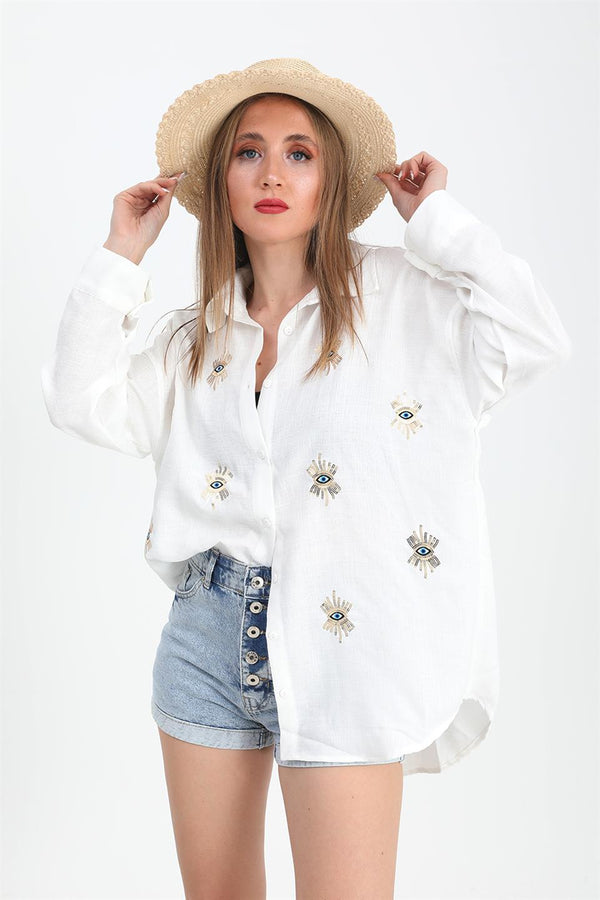 Women's Shirt Linen With Eye Embroidery - Ecru