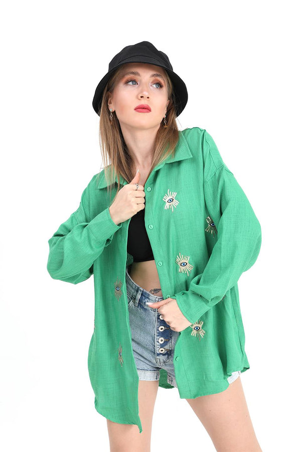 Women's Shirt Linen With Eye Embroidery - Green