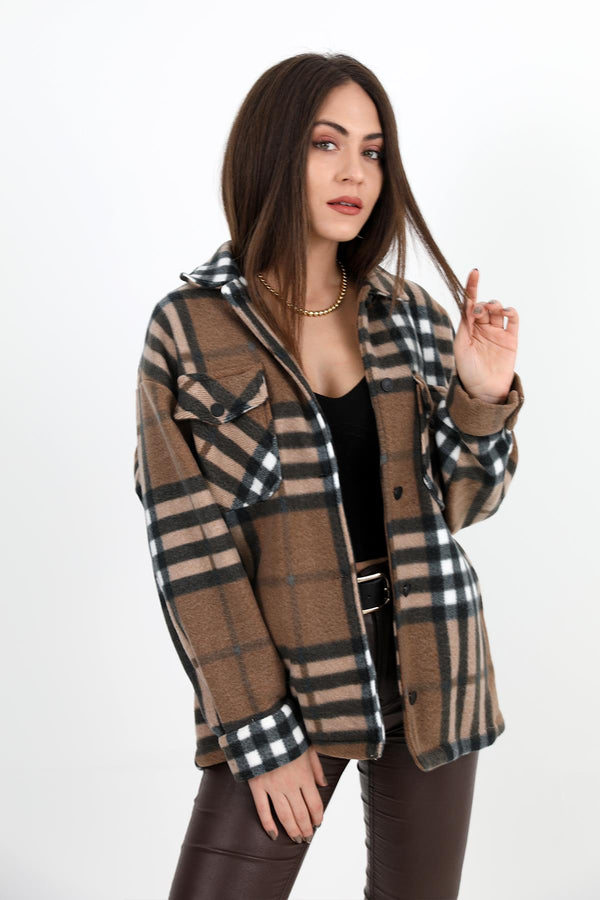 Women's Shirt Oversize With Pockets Plaid Fleece - Brown