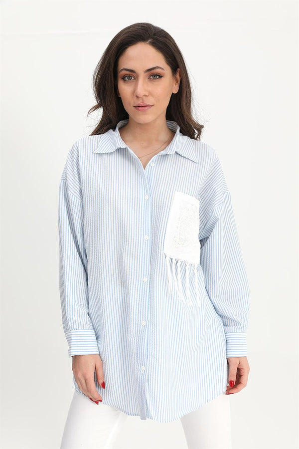 Women's Shirt Pocket Embroidery Tasseled See-Through - Blue