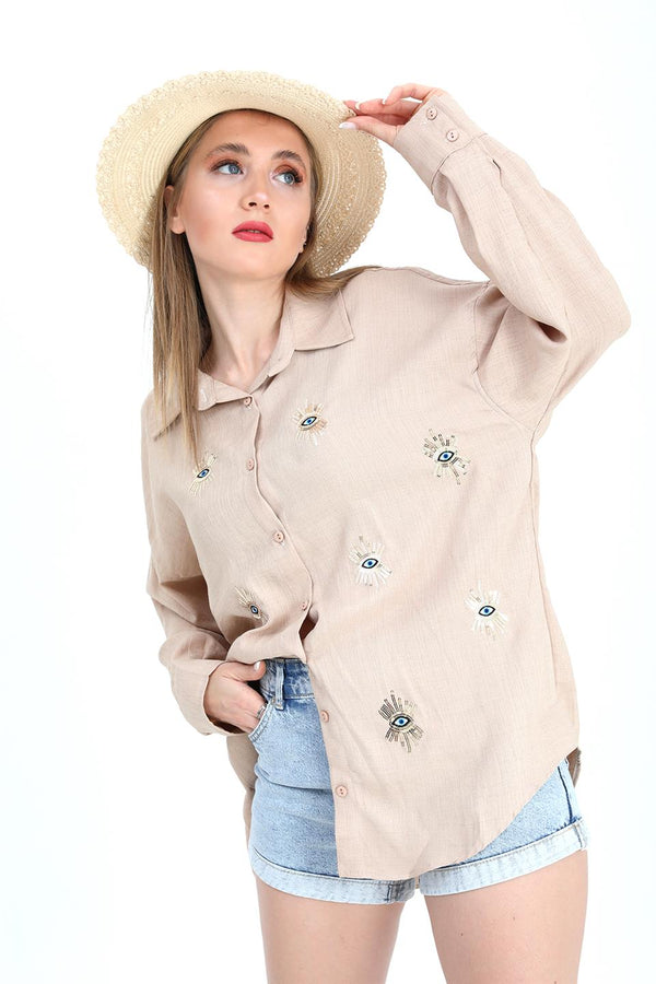 Women's Shirt With Linen Eye Embroidery - Beige