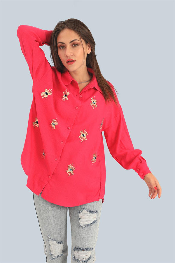 Women's Shirt With Linen Eye Embroidery - Fuchsia