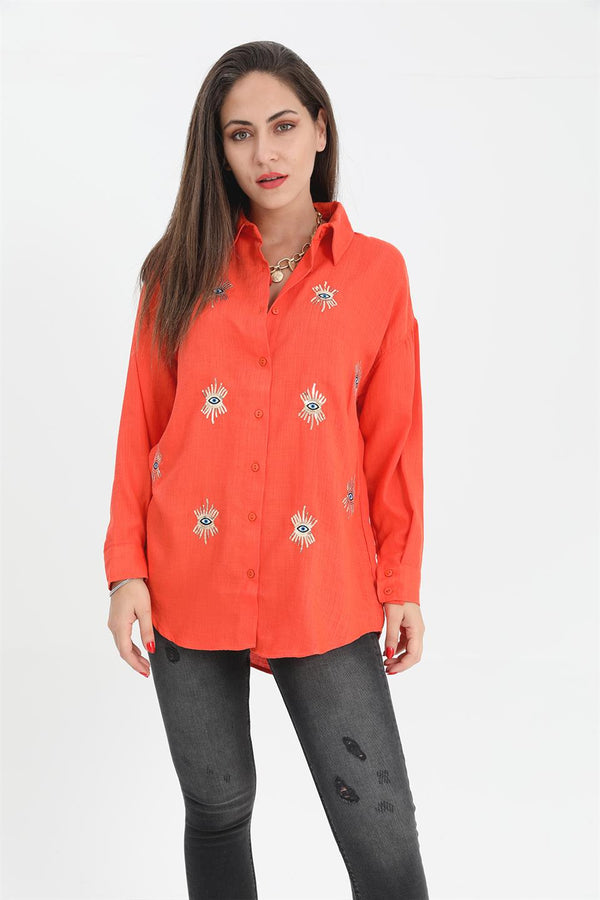 Women's Shirt With Linen Eye Embroidery - Orange