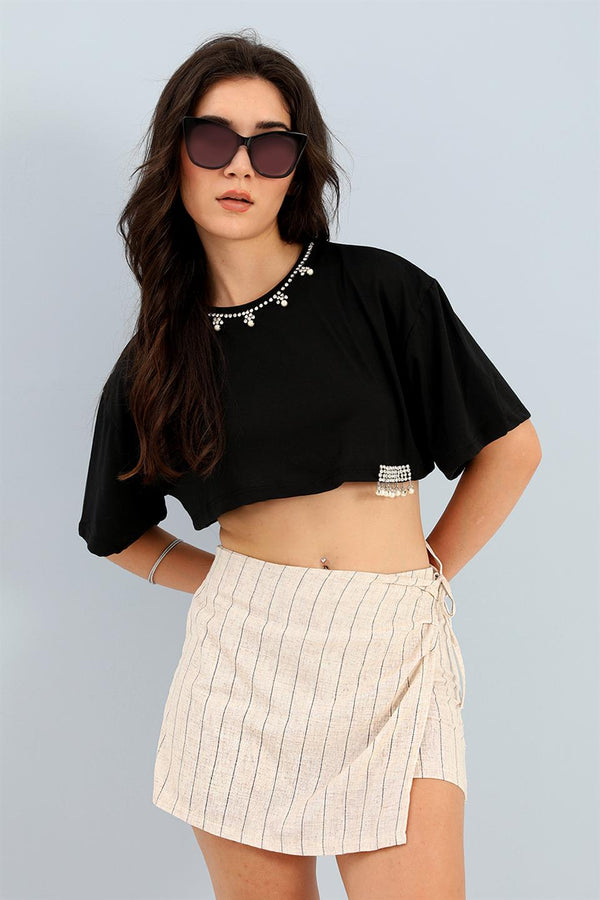 Women's Short Skirt Elastic Back Waist Striped Linen - Black