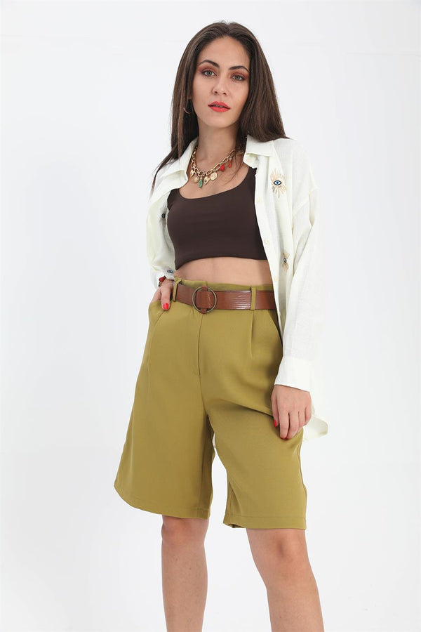 Women's Shorts High Waist Belt Bermuda - Khaki