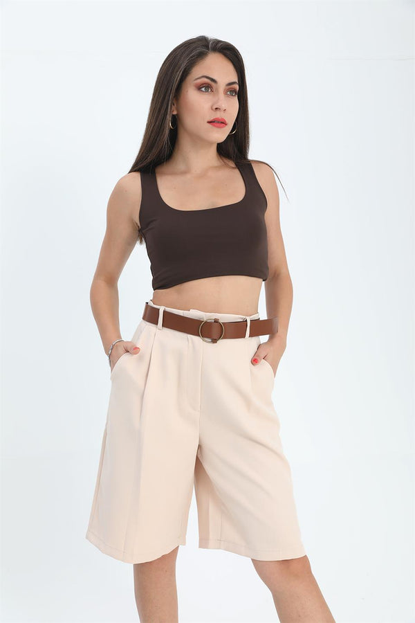 Women's Shorts High Waist Belted Bermuda - Beige