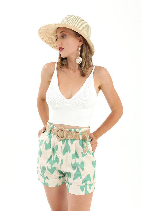 Women's Straw Belt Printed Linen Shorts - Green