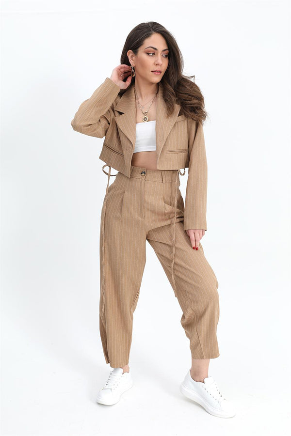 Women's Striped High Waist Trousers With Buttons - Camel