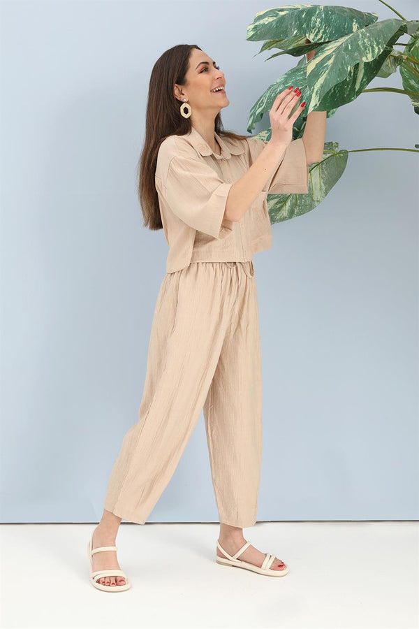 Women's Suit Embroidery Detailed Viscose Shirt Pants - Beige