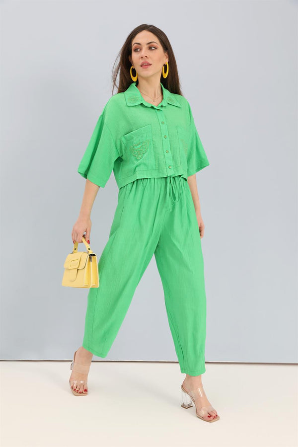 Women's Suit Embroidery Detailed Viscose Shirt Pants - Green