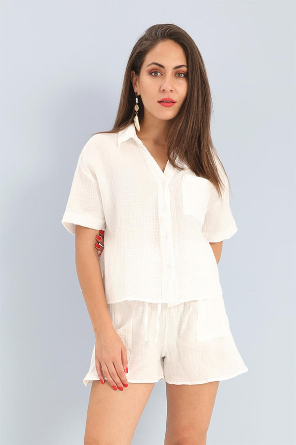 Women's Suit Muslin Shirt Shorts - Ecru