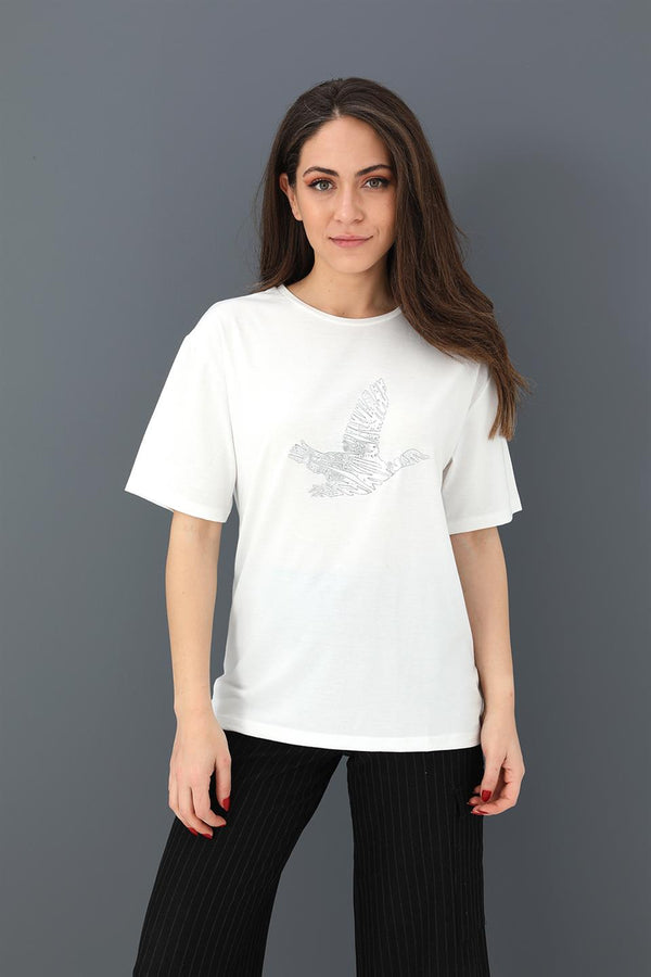 Women's T-Shirt Bird Print Crew Neck - Ecru