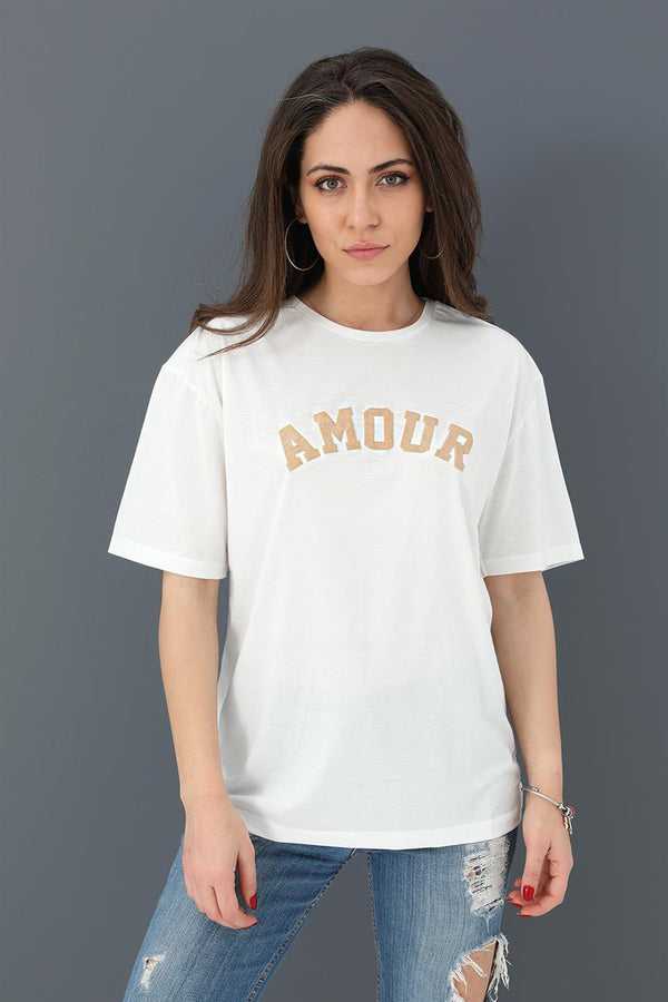 Women's T-Shirt Crew Neck Amour Printed - Beige