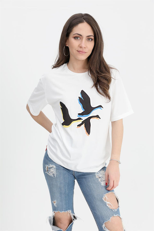 Women's T-Shirt Crew Neck Bird Print - Ecru