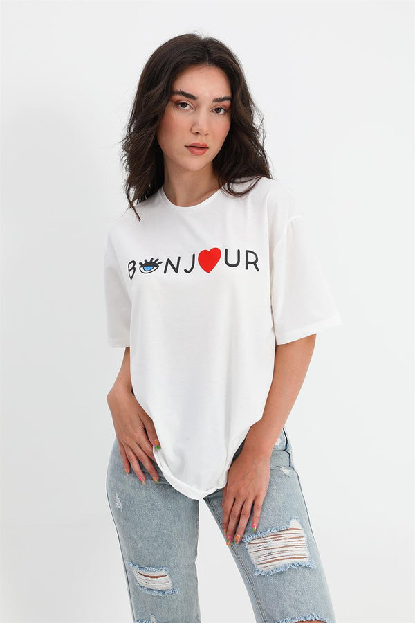 Women's T-Shirt Crew Neck Bonjour Written - White