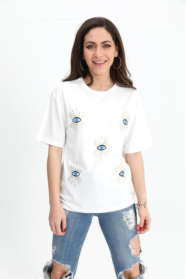 Women's T-Shirt Crew Neck Eye Print - Ecru