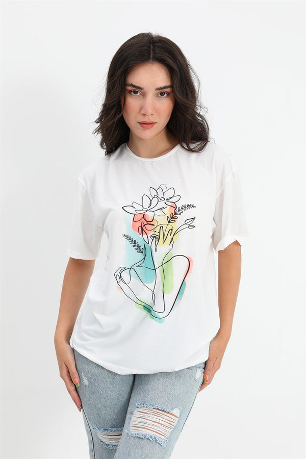 Women's T-Shirt Crew Neck Floral Pattern - Ecru