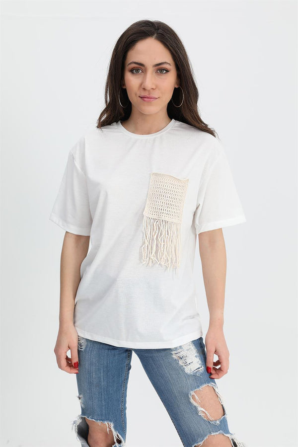 Women's T-Shirt Crew Neck Pocket Detailed - Ecru