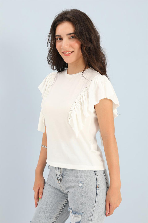 Women's T-Shirt Crew Neck Ruffled Sleeves - White