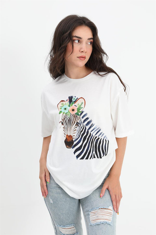 Women's T-Shirt Crew Neck Zebra Pattern - Ecru