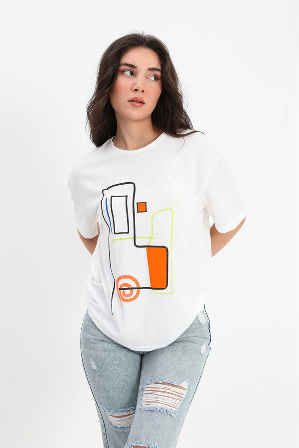 Women's T-Shirt Geometric Pattern - Ecru