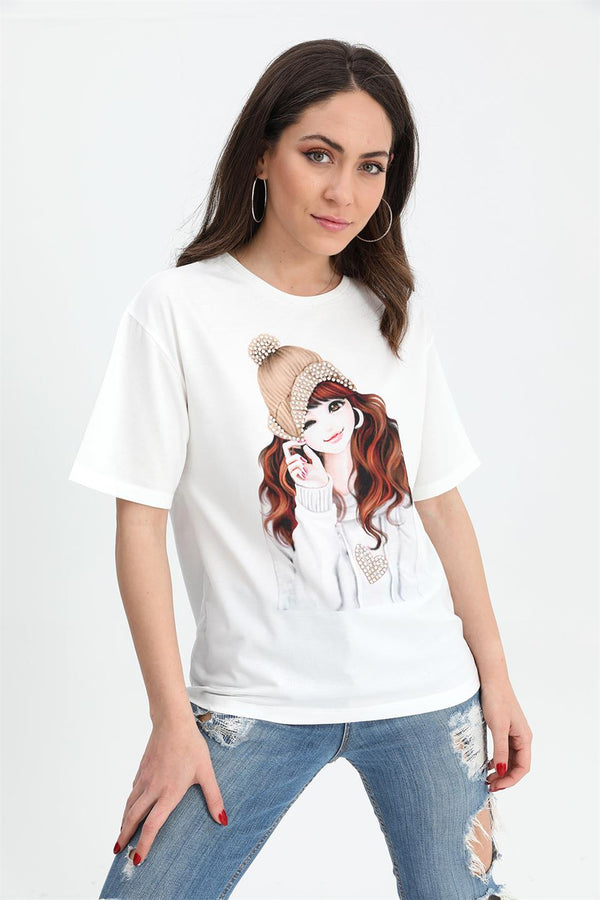 Women's T-Shirt Girl Printed Stone Embroidered - Beige