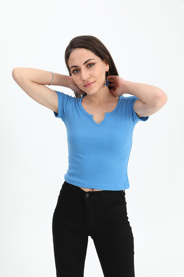 Women's T-Shirt Pear Collar Short Sleeve - Blue