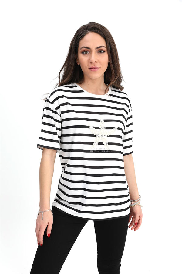 Women's T-Shirt Striped Starfish - Black