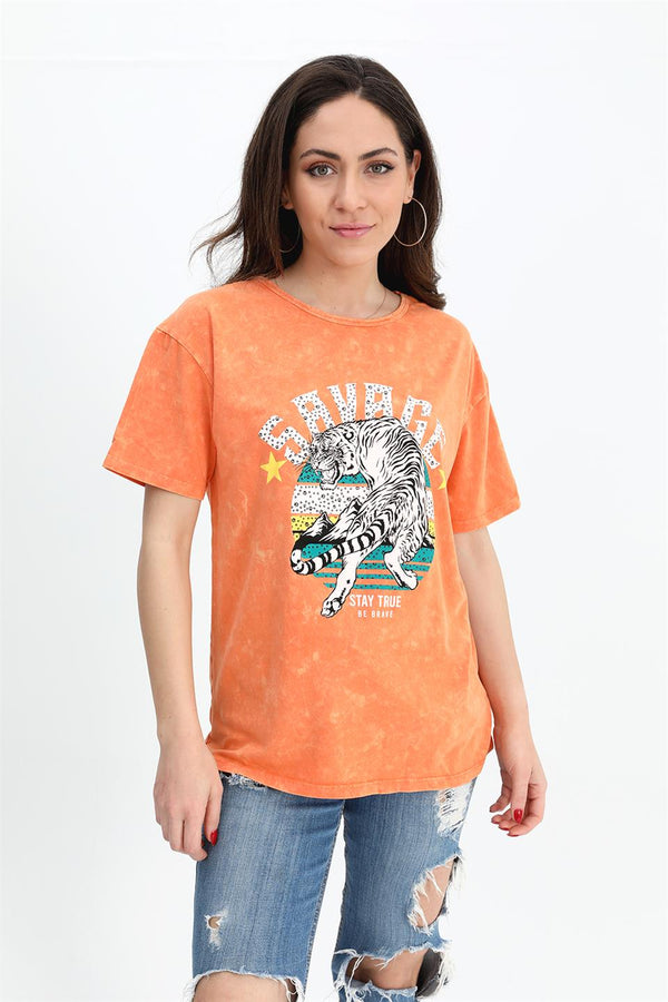 Women's T-Shirt Washed Fabric Crew Neck - Orange