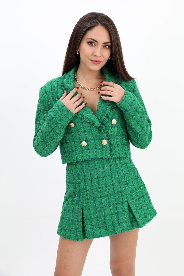 Women's Tassel Detailed Double Breasted Collar Chanel Short Jacket - Green